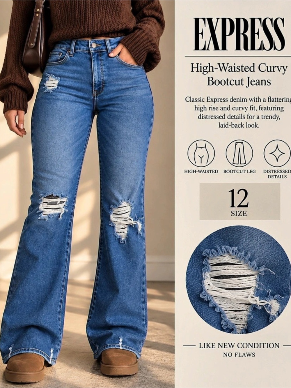 EXPRESS High-Waisted Curvy Bootcut Jeans Blue Waist 12/R